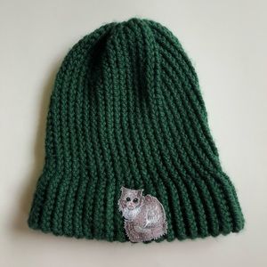 White Cat Embroidered Dark Green Beanie